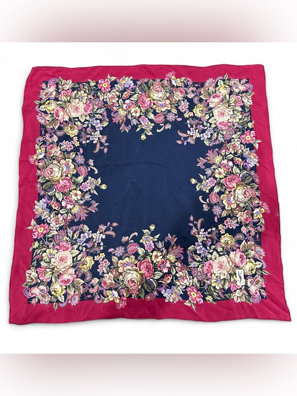Yves Saint Laurent Navy Floral Silk Scarf with Magenta Border
